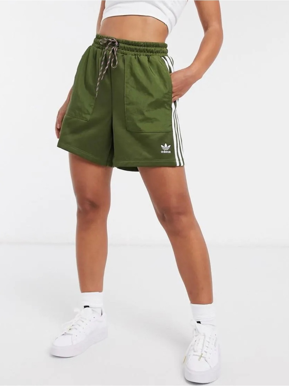 adidas Originals Olive Green Athletic Shorts with White Stripes